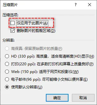 取消勾选仅用于此图片选项以压缩 PPT 中的所有图片